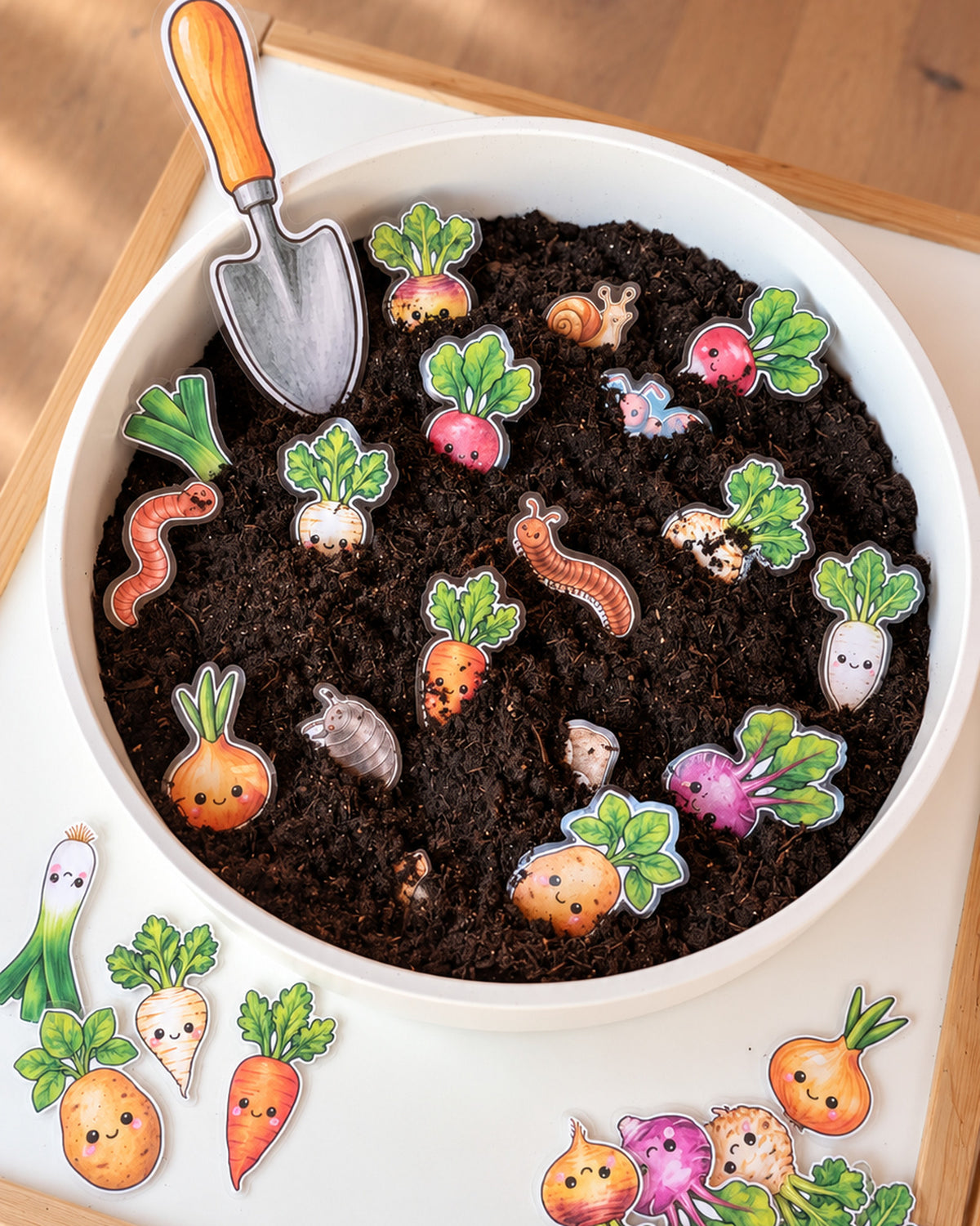Erntezeit Sensory Bin: Gemüse-Karten und Regenwurm in einer Schale mit Erde, daneben eine kleine Schaufel