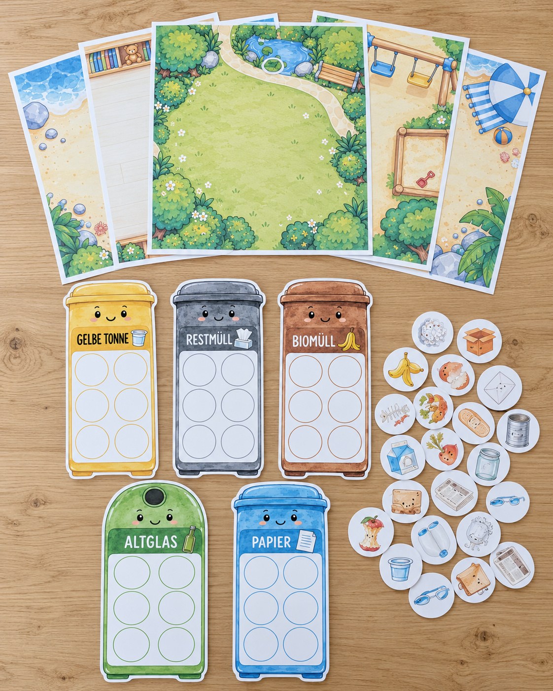 Waste Sorting Game: complete overview with game boards, bin cards and waste tiles