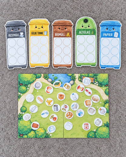 Game set up on the rug with bins and scattered waste