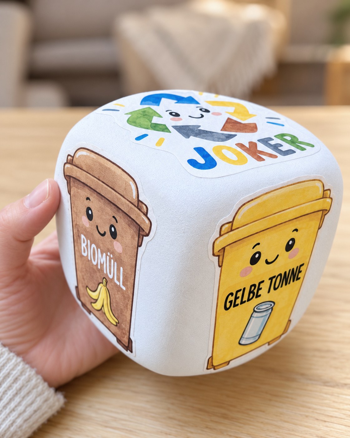 Home-made game dice with bins and joker, held in a hand