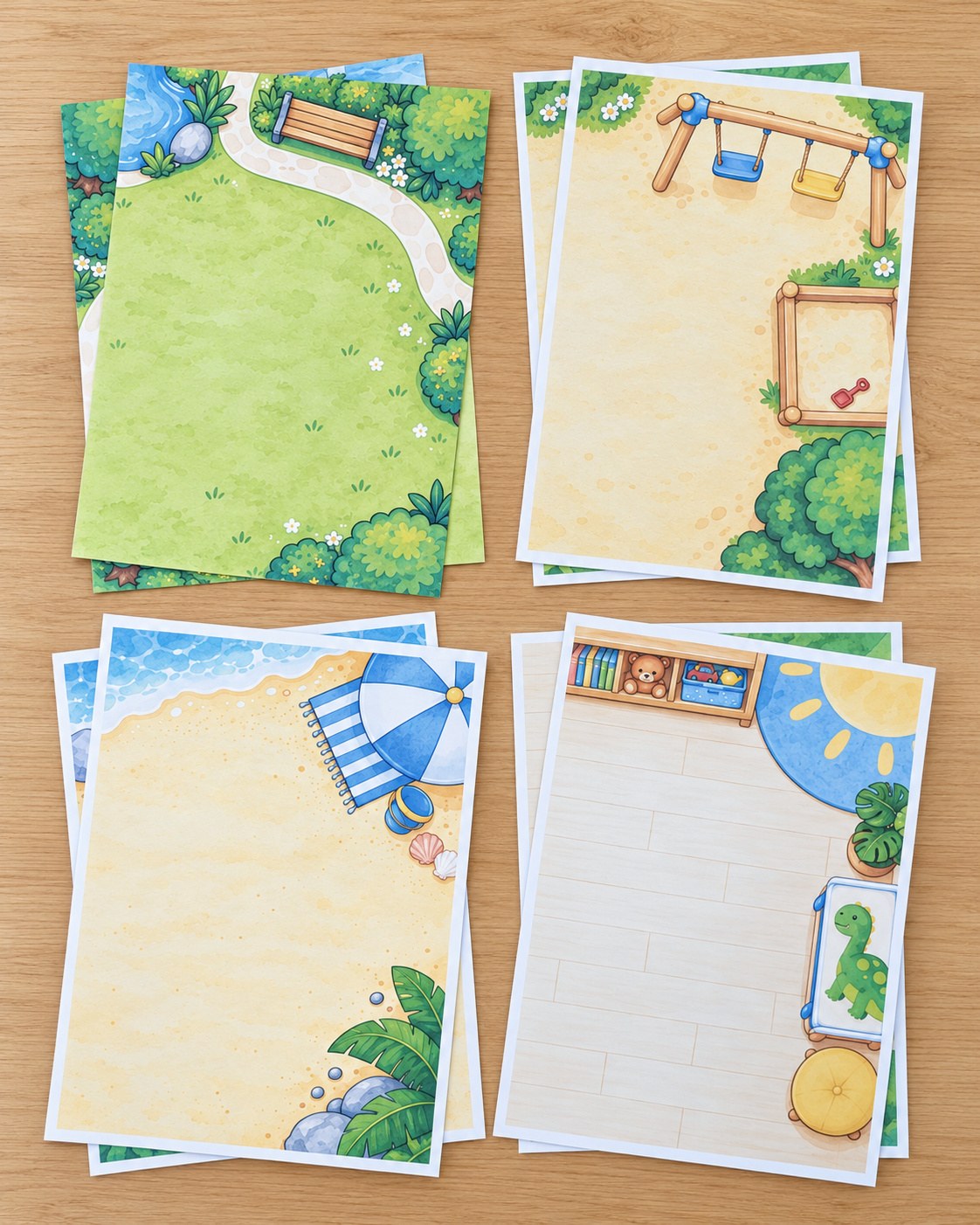 The four game boards: bedroom, beach, park and playground