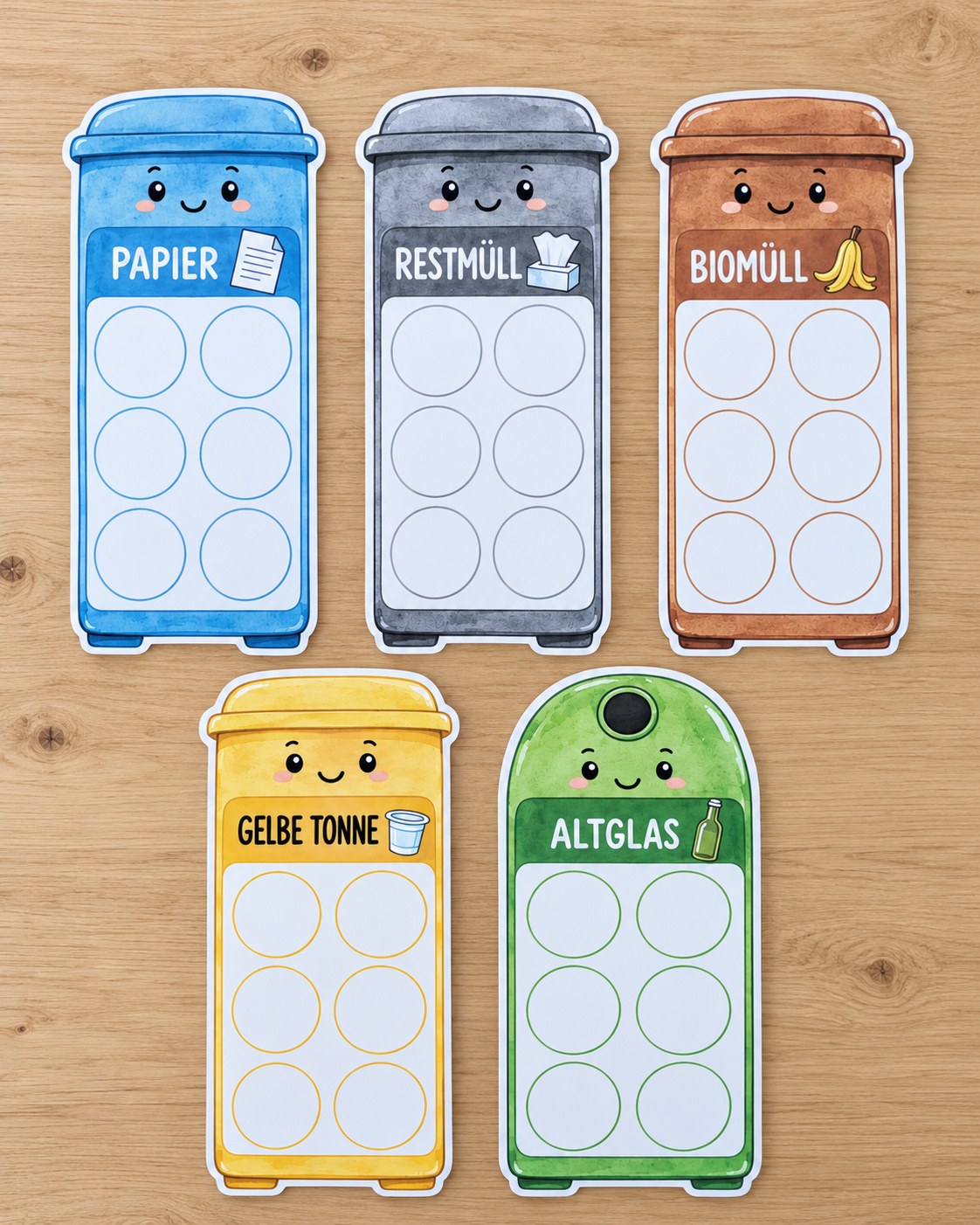 All five bin cards: paper, general waste, organic waste, yellow bin and glass