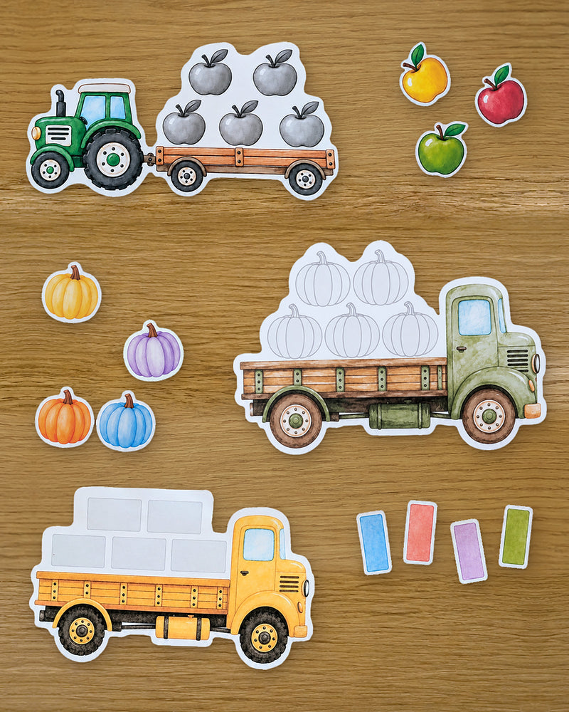 Muster nachlegen – Legespiel 3er-Pack: Traktor, Kürbis-Truck & Baustellen-LKW