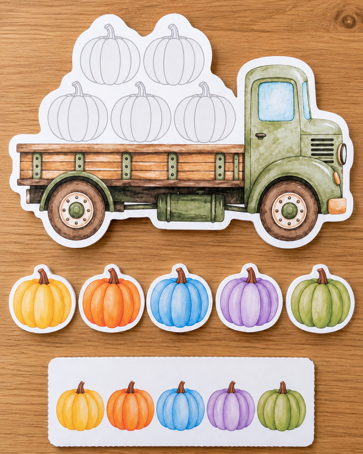 Pattern game pumpkin truck: green truck, five colourful pumpkins and a pattern card