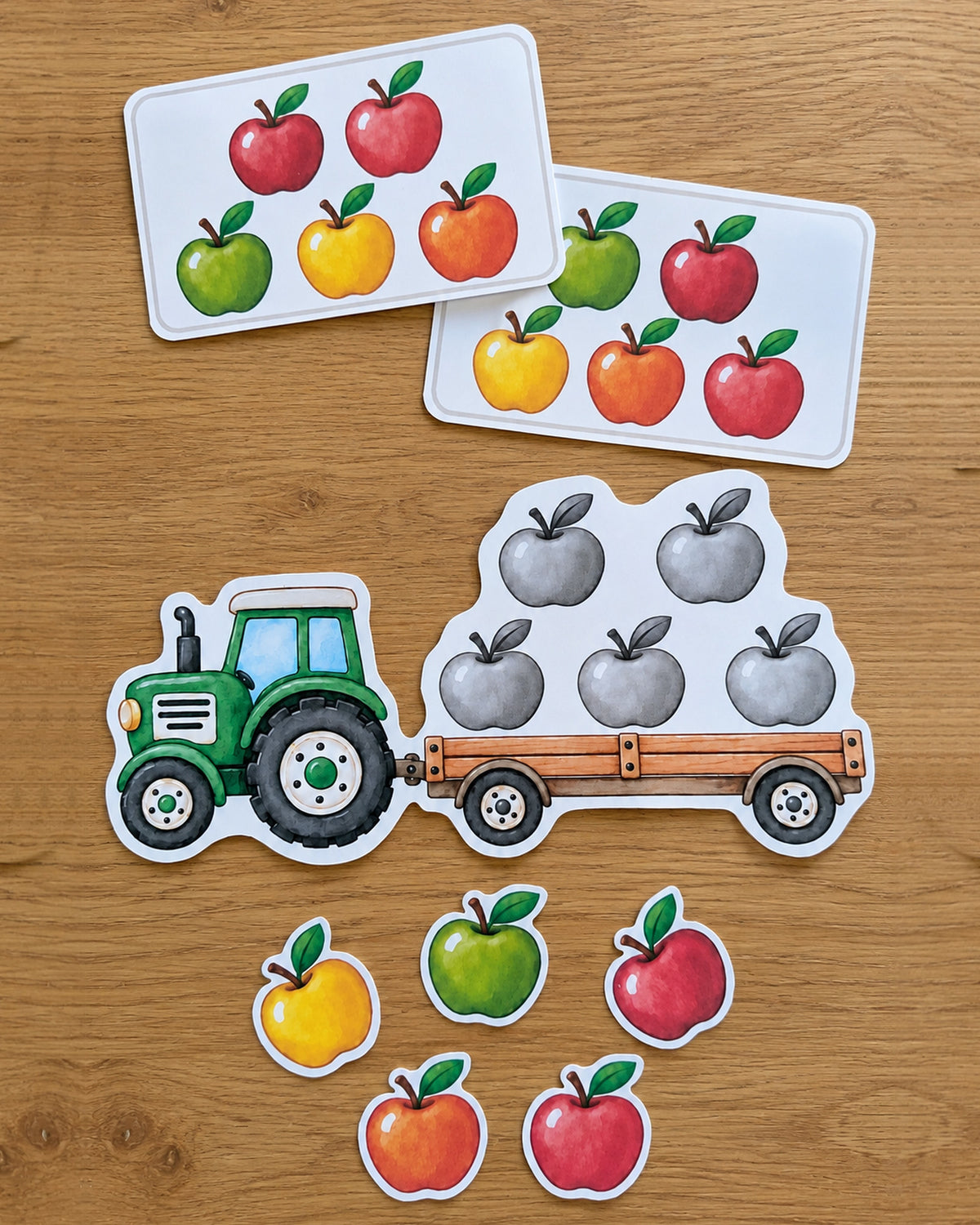 Pattern game tractor: tractor with trailer, colourful apples to lay out and two pattern cards