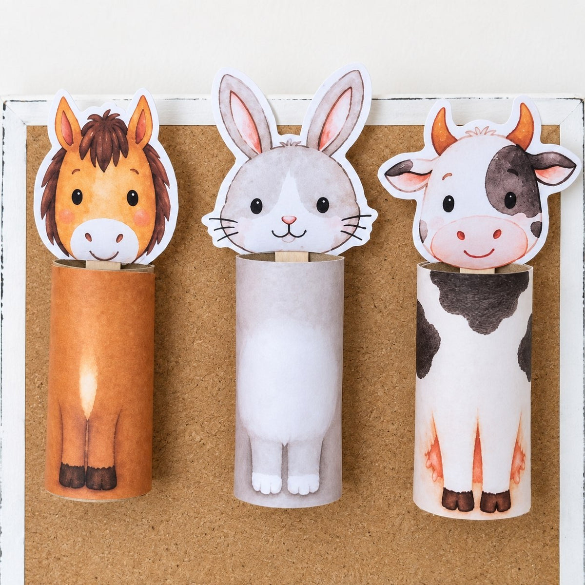 Tiere aus Klopapierrollen: Pferd, Hase und Kuh