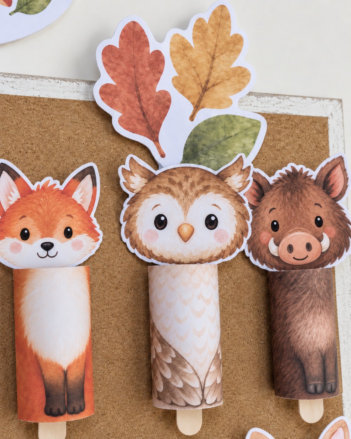 Fox, owl and wild boar made from toilet paper rolls with autumn leaves